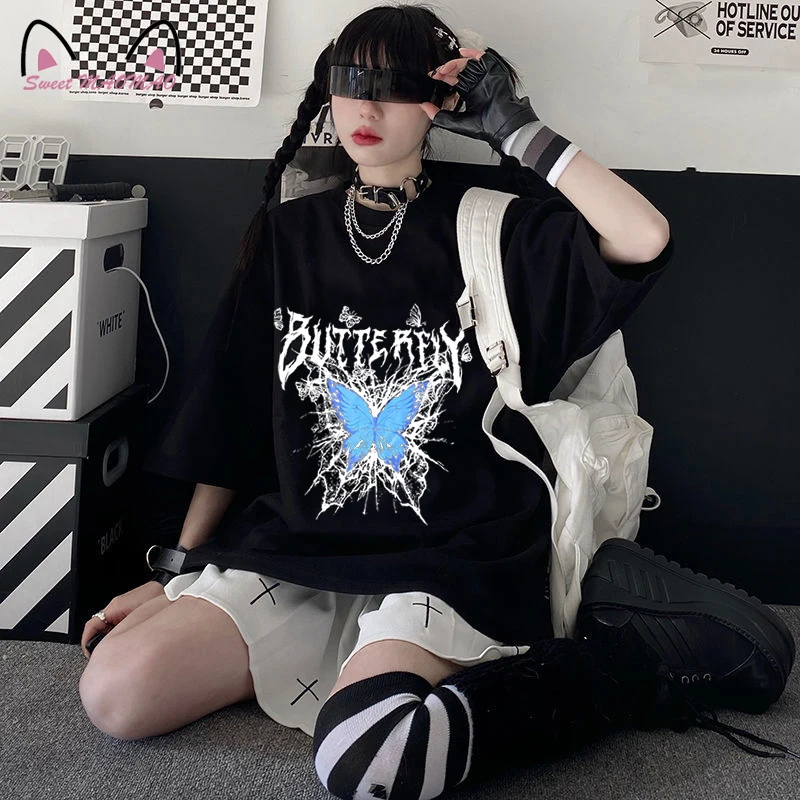 

Harajuku Oversized T-shirt Women Punk Gothic Butterfly Cartoon Print Short Sleeve O-Neck Y2k Summer Loose Streetwear Tops