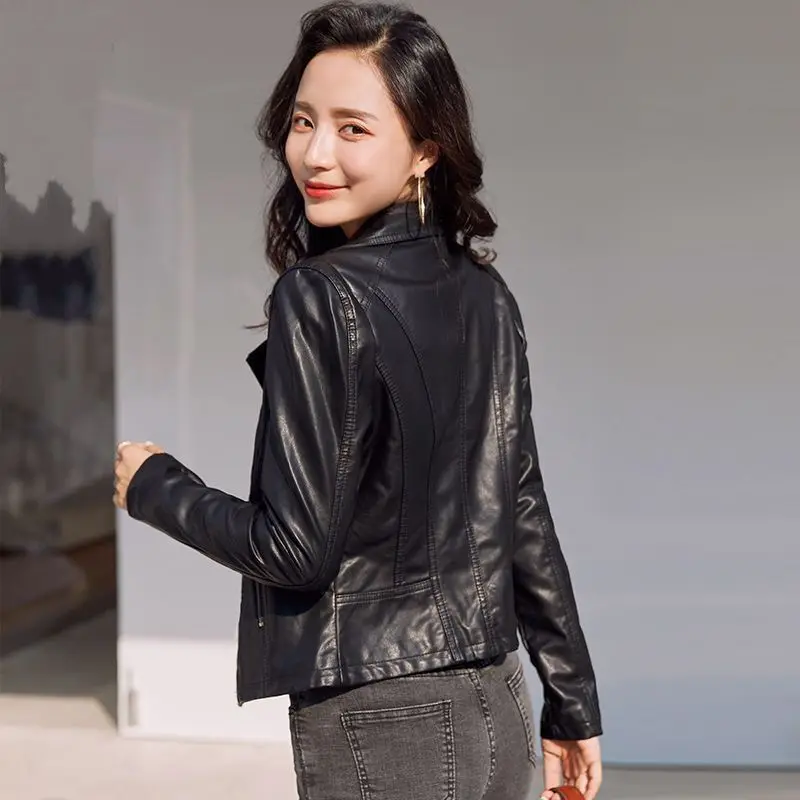 Short  Skinny Girl Black Leather Coat for Women Autumn  Winter Korean Slim Short Lapel PU Leather Motorcycle Jacket for Ladies