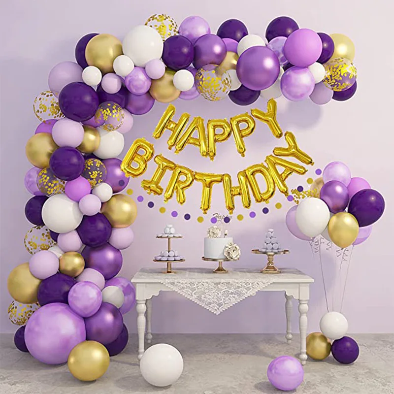 

С днем рождения, фиолетовый цвет, Φ, хромированные разноцветные воздушные шары, набор украшений для детского дня рождения
