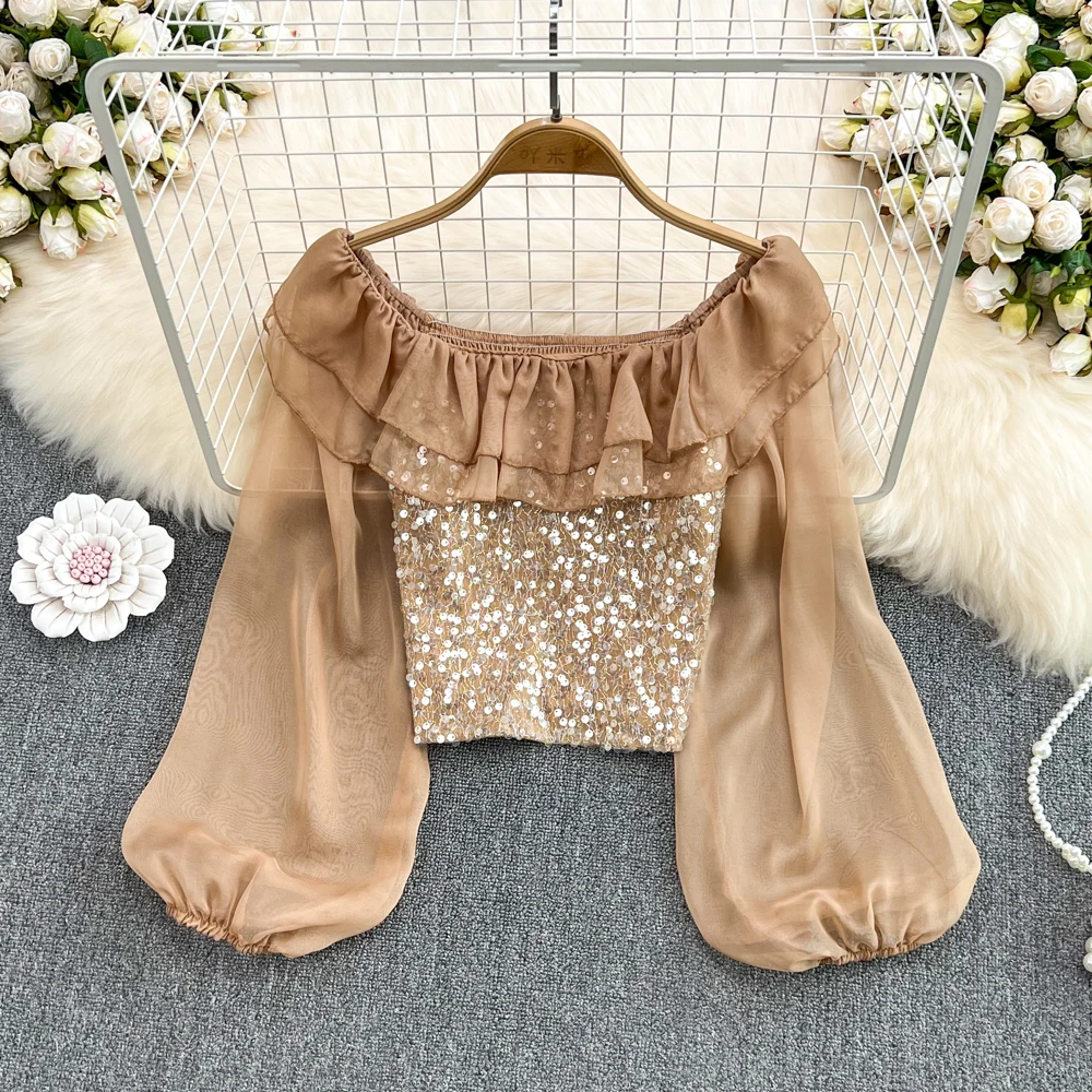 

Korean Style Sexy Off Shoulder Puff Sleeve Chiffon Shirts Women 2023 Spring New Slash Neck Sequins Women's Blouses Short Tops