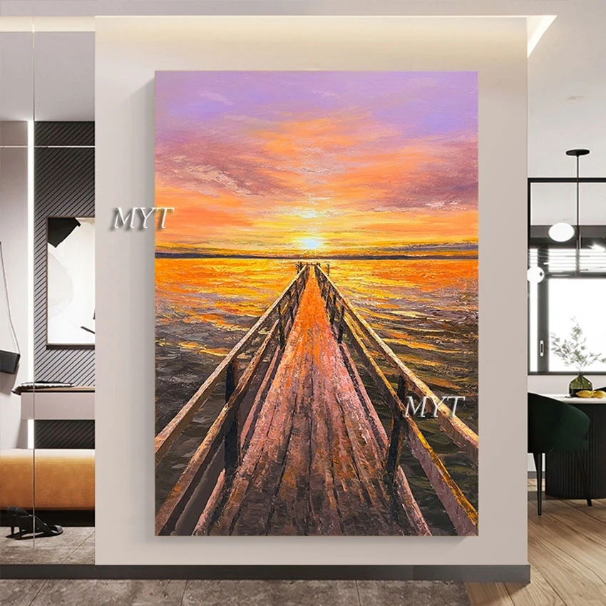 

Wooden Trestle Sea Scenery Oil Painting Abstract Wall Picture Art 3d Canvas Acrylic Painting Landscape Artwork Frameless Decor