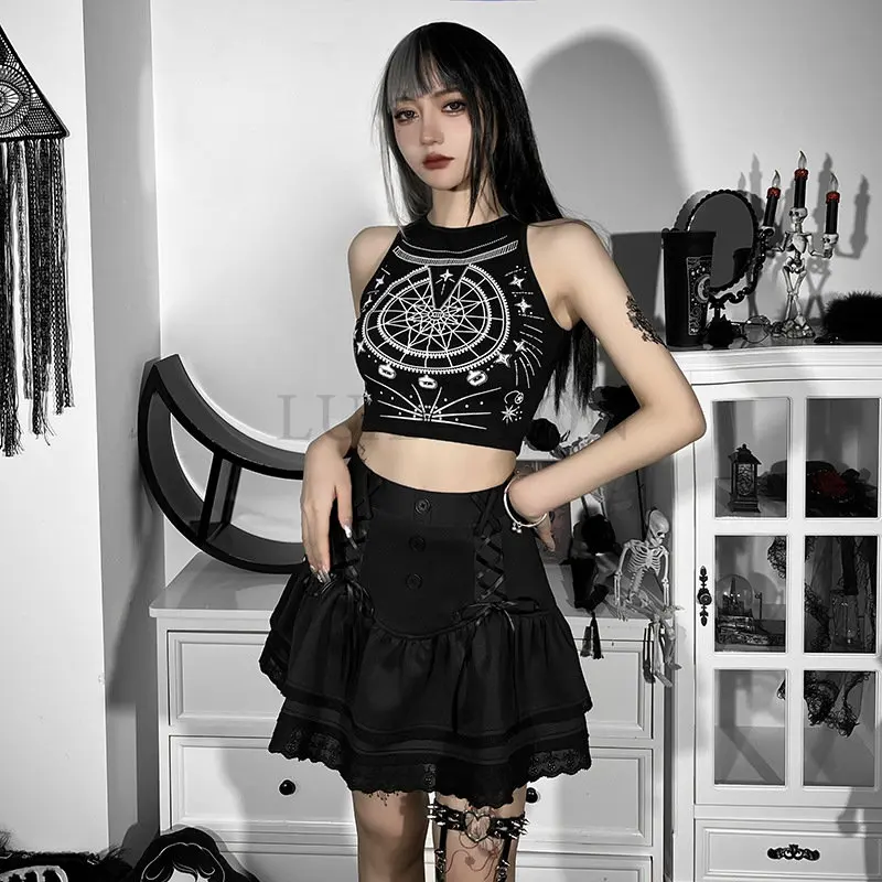 

Black Crop Tops Print Sleeveless Casual Tank Tops 2022 New Y2K Aesthetic Fairy Gothic Sweet Cute 90s Egirl Camisole