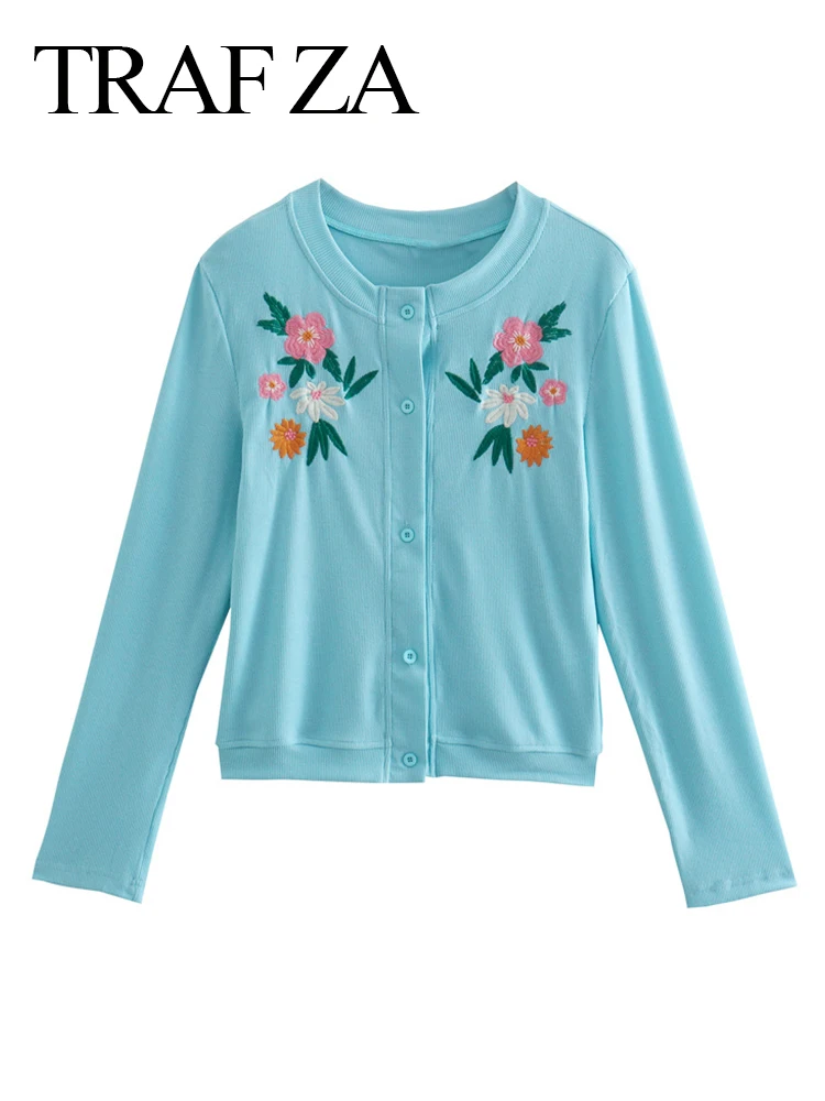 

Элегантный синий облегающий свитер TRAF с длинными рукавами, кардиган с симметричной цветочной вышивкой, винтажный шикарный женский свитер, ...