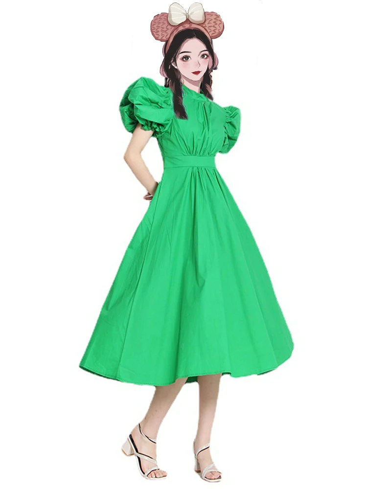 

2022 New Women Fashion Bubble Short Sleeve Crew Neck Solid Dress