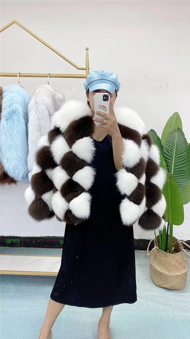 FURYOUME 2022 Plaid Checkerboard Pattern Winter Women Real Fox Fur Coat Luxury Short Ladies Natural Fur Jacket Female Streetwear