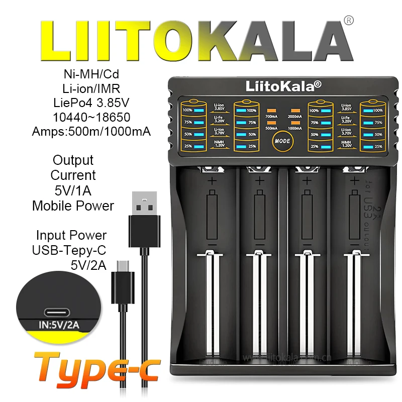 Фото LiitoKala для аккумуляторов 18650/26650/AA/AAA, ЖК-дисплей, автоматическое обнаружение, защита от перезаряда Многоцелевое зарядное устройство Lii-402 №1
