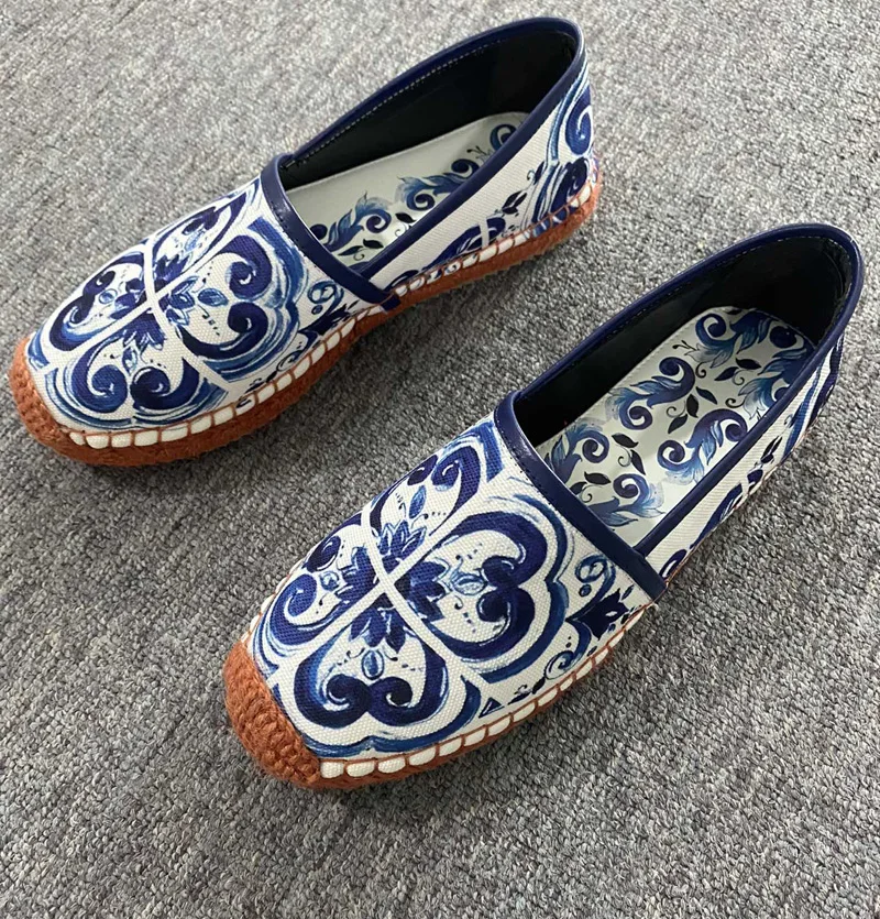 Newest Blue and White Porcelain Cloth Fishman Flats Shoes Rope Braided Thick Sole Woman Comfortable Slip On Loafer Shoes