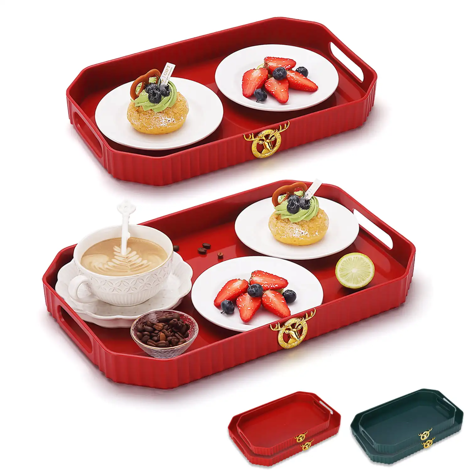 

Serving Tray with Handles Set of 2 Plastic Stackable Food Trays (Red)