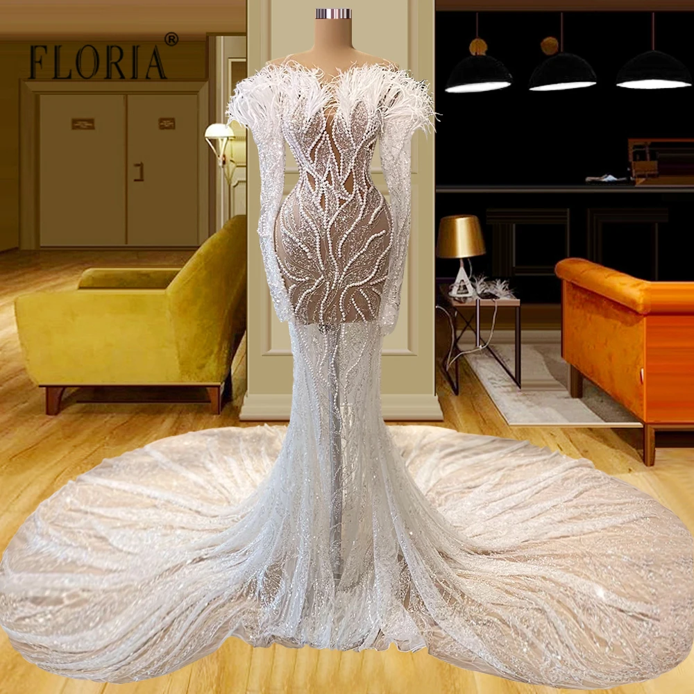 

Saudi Arabia Aibye Feather Long Sweep Train Prom Gowns Evening Dress Beading Celebrity Dress Off Shoulder Vestido De Novia