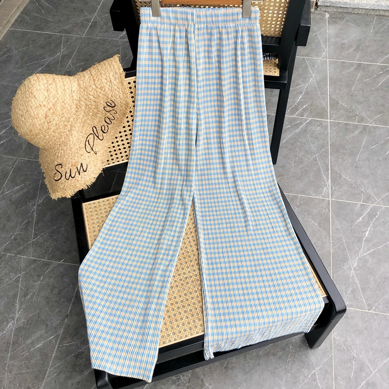 

Summer Pleated Pants Women High Waist Plaids Print Wide Leg Pants Cream Color Elastic Waist Ankle Length Pants Casual Trousers