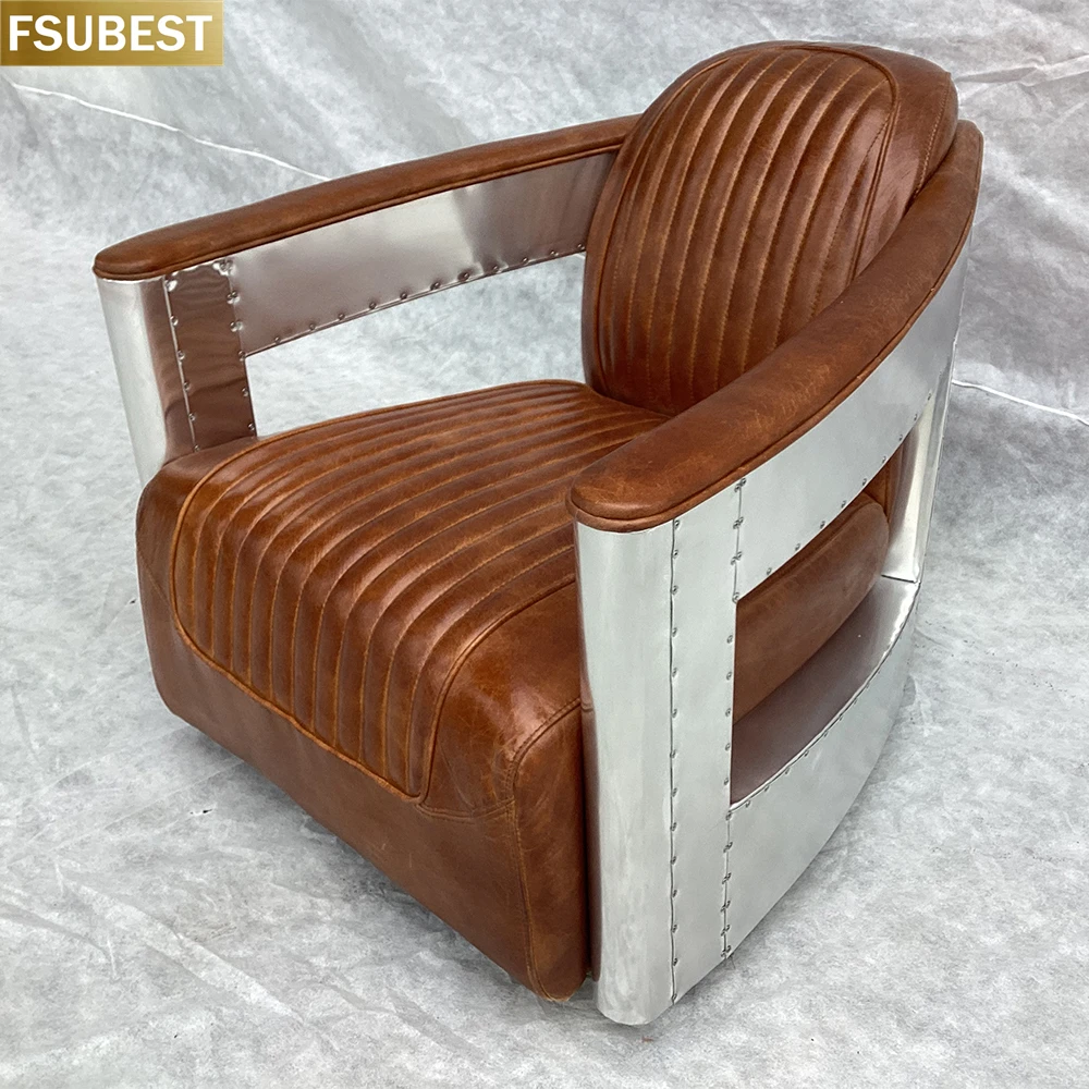 

FSUBEST Aviator Armchair Tufted Buttons Distressed Top Grain Leather Aluminium Armrest Barrel Chair For Living Room Club