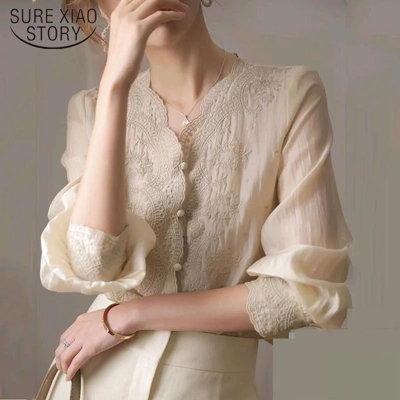 

Модные осенние Топы с V-образным вырезом и длинным рукавом, Женская винтажная блузка с вышивкой, элегантная свободная Милая Кружевная рубаш...