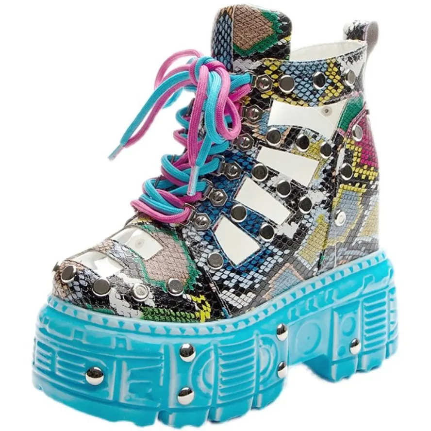 Thick Sole Height Increasing Platform Pumps Women's Snake Pattern Cow Leather Ankle Boots Sandals Wedge High Heels Party Shoe