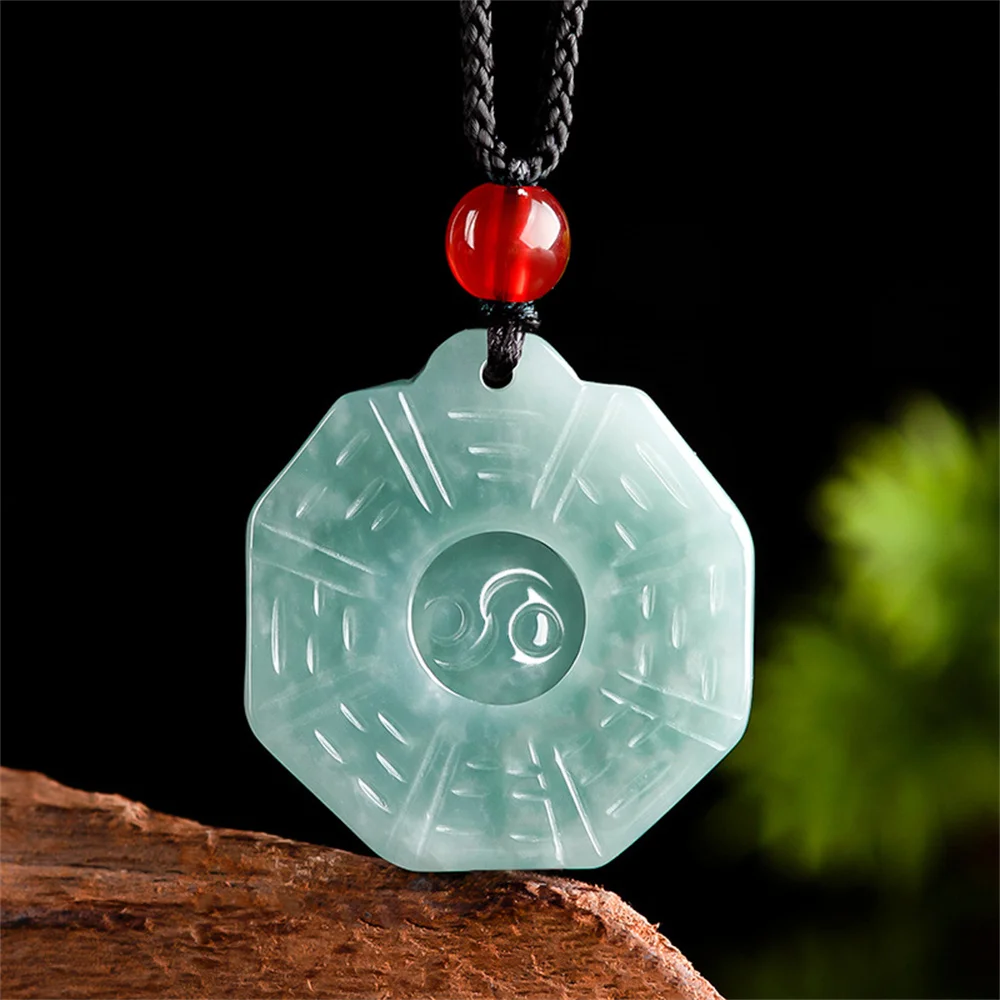 

Retro Natural Green Jadeite Carved Chinese Small BaGua Lucky Pendant Amulet Necklace Certified Charm Vintage Fine Jewelry Gift