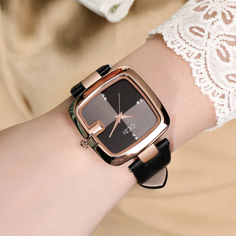GEDI Minimalist Green Leather Women Sqaure Watches Simple Fashion Big Dial Elegant Ladies Quartz Wrist Watch Casual Female Clock