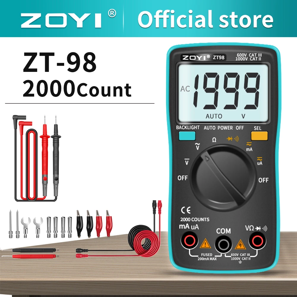 

ZOYI Digital Multimeter ZT-98 Auto Range AC and DC Voltage Current Resistance On-off Buzzer Backlit Electrical Instrument Tester