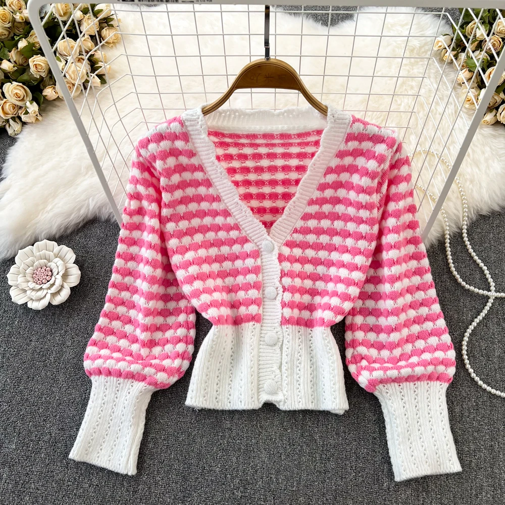 

Женский трикотажный кардиган в полоску, элегантный свитер с высокой талией и V-образным вырезом, винтажный свитер с длинным рукавом в Корейс...