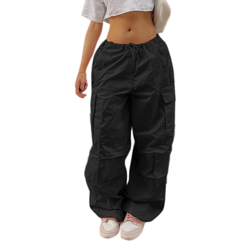 

Women Y2K Low Waist Wide Leg Relaxed Pants Drawstring Loose Hip-Hops Streetwear Parachute Pants Cargo Pants with Pockets 517D