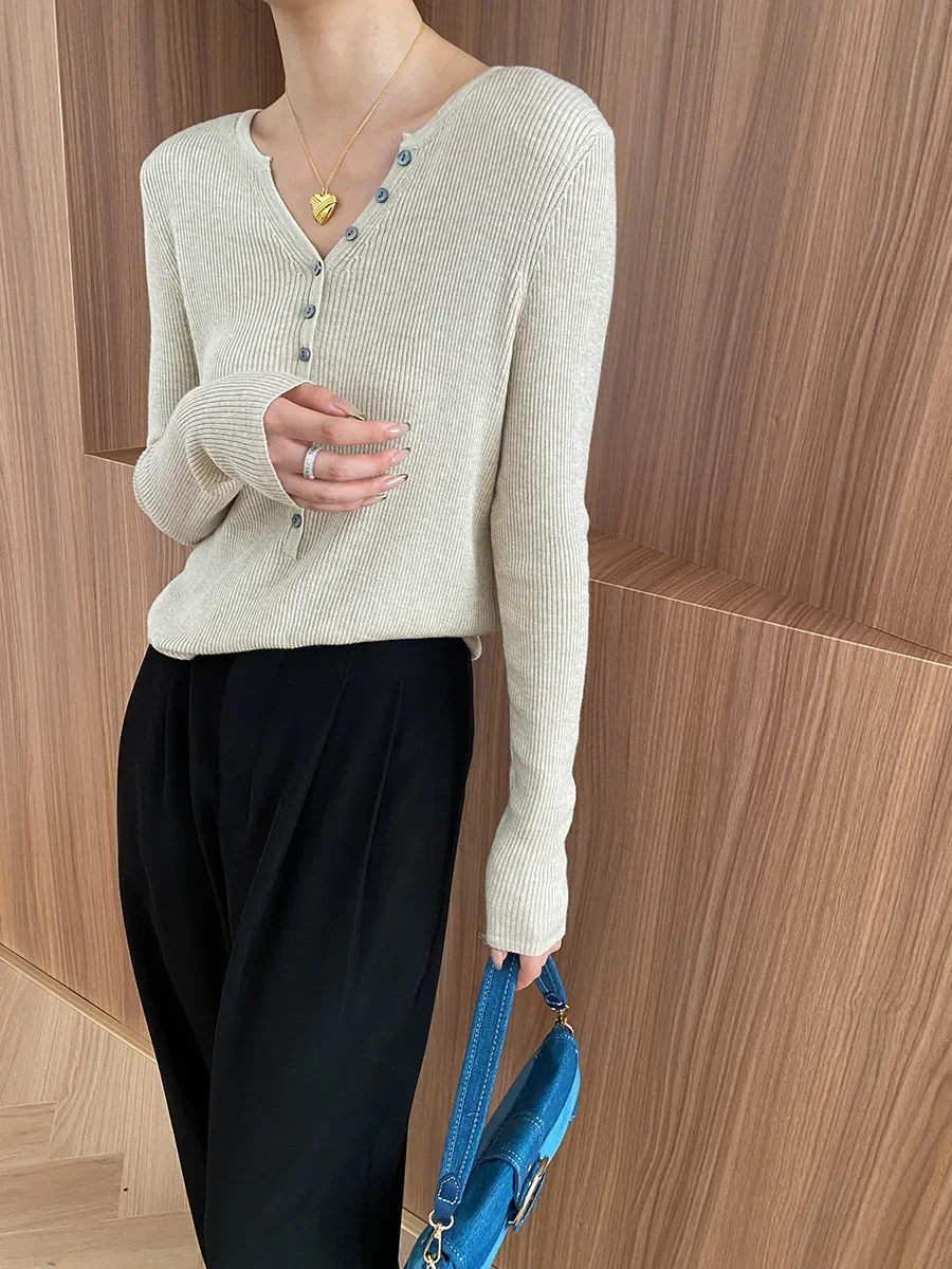 Вязаные Пуловеры в французском стиле на пуговицах с V-образным вырезом