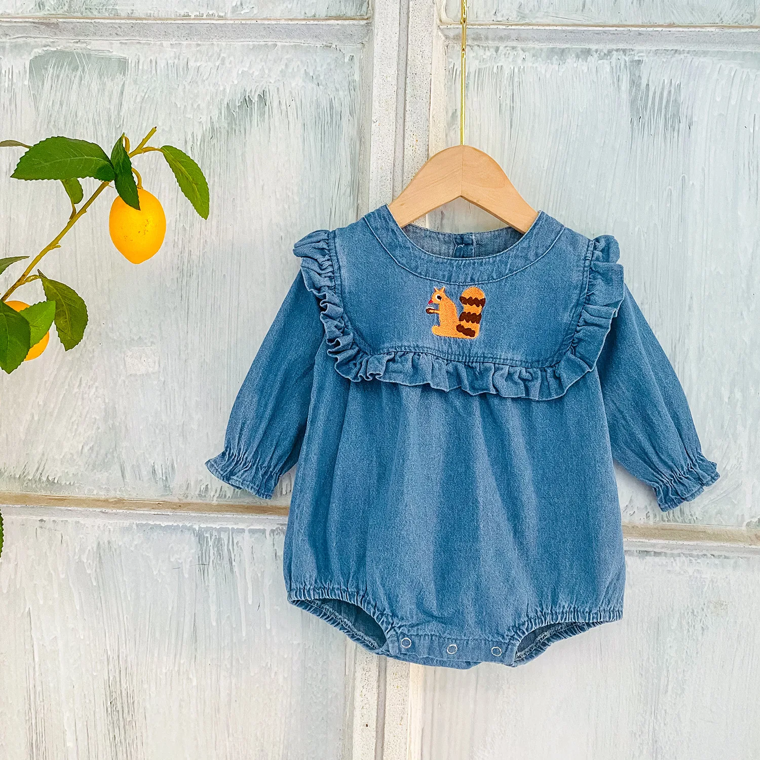 RiniLucia Spring Baby Clothes Set Girl Denim Romper Jumpsuit Newborn Clothing Girls Outfit Infant Long Sleeve Squirrel Overall