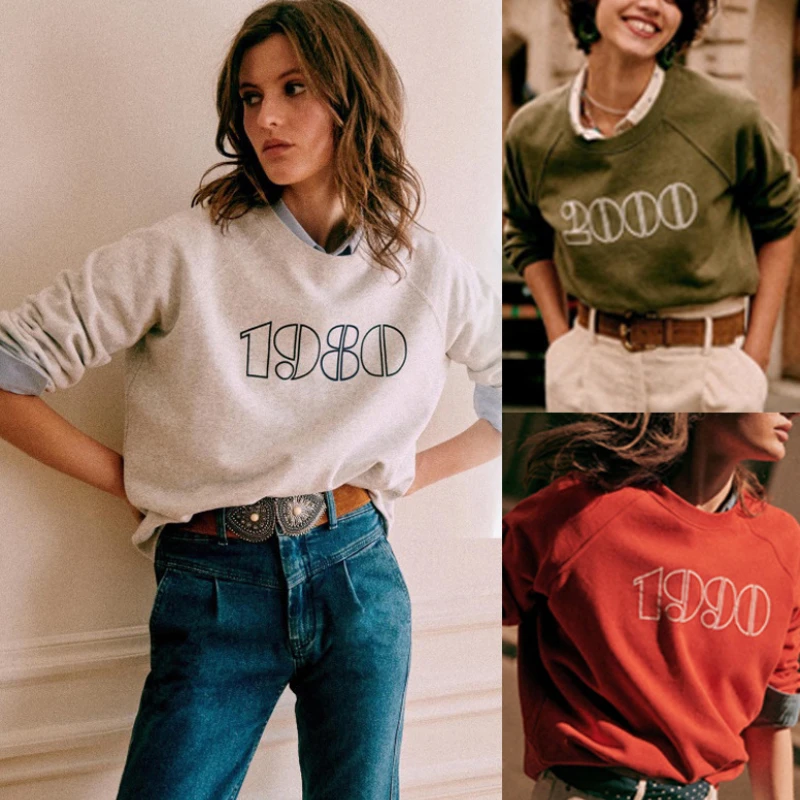 

Women Hoodies Casual Long Sleeve Women Clothing Street Wear 1980 Letter Print Round Neck Retro Loose Sweatshirt Top