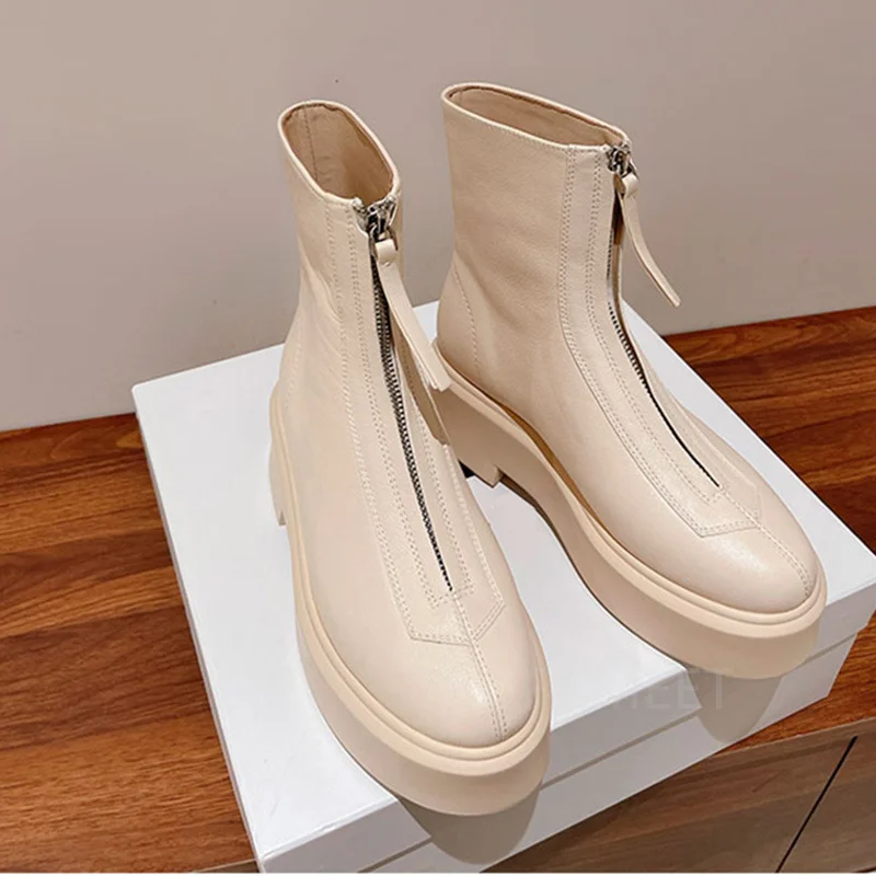 

New Women Motocrycle Boots Round Toe Chunky Sole Real Leather Ankle Boots Front Zip Design Chelsea Boots Fashion Ladies Shoes