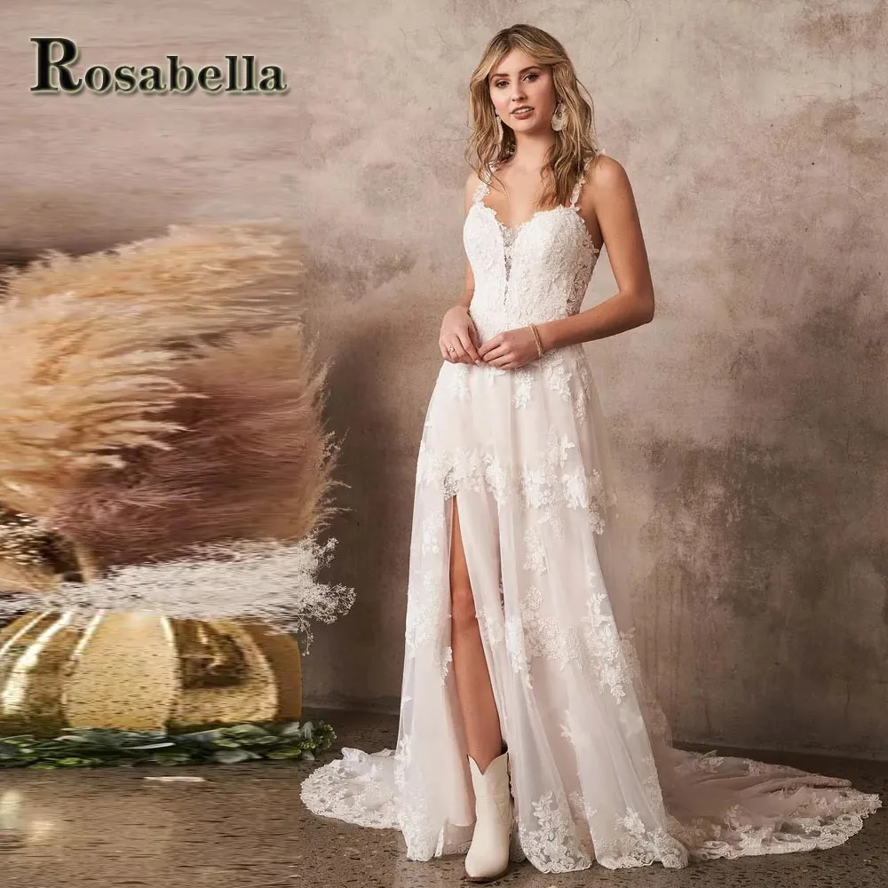 

ROSABELLA Charming Slit Wedding Dresses For Women Illusion Appliques Bridal Gown Vestidos De Novia Brautmode Personised Plus