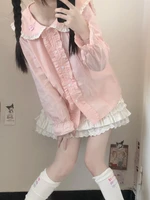 houzhou kawaii lolita shirt women pink sweet long sleeve blouse ruffles patchwork preppy style peter pan collar japanese tops