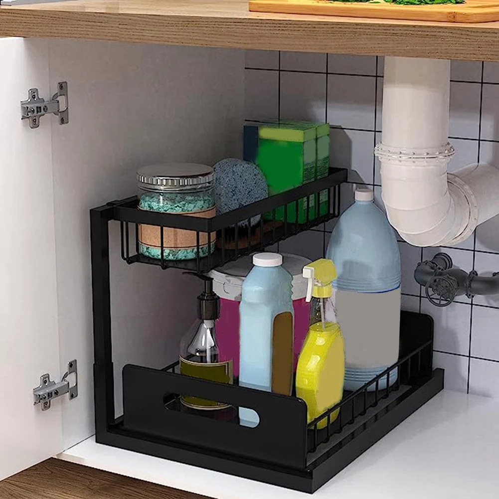 

Sink Organizer, Pull Out Cabinet Organizer 2-Tier Sliding Shelf Multi-Use for Under Kitchen Sink Organizers and Storage