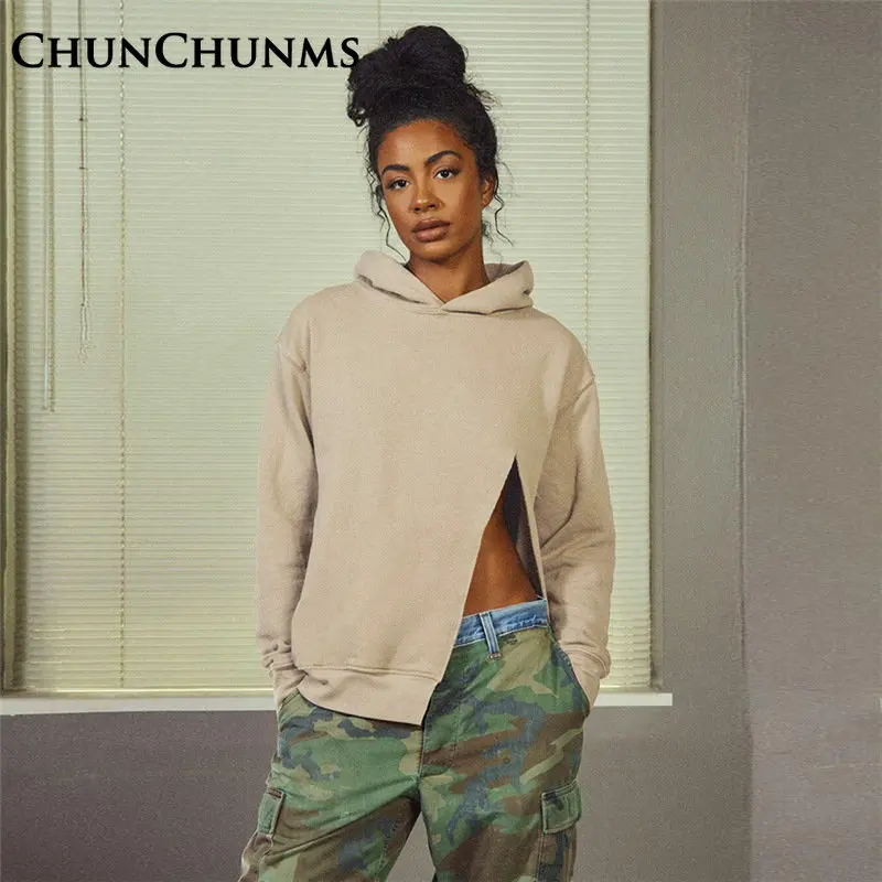 

Женская толстовка с капюшоном, зимняя утепленная толстовка оверсайз с начесом и разрезом, Y2k