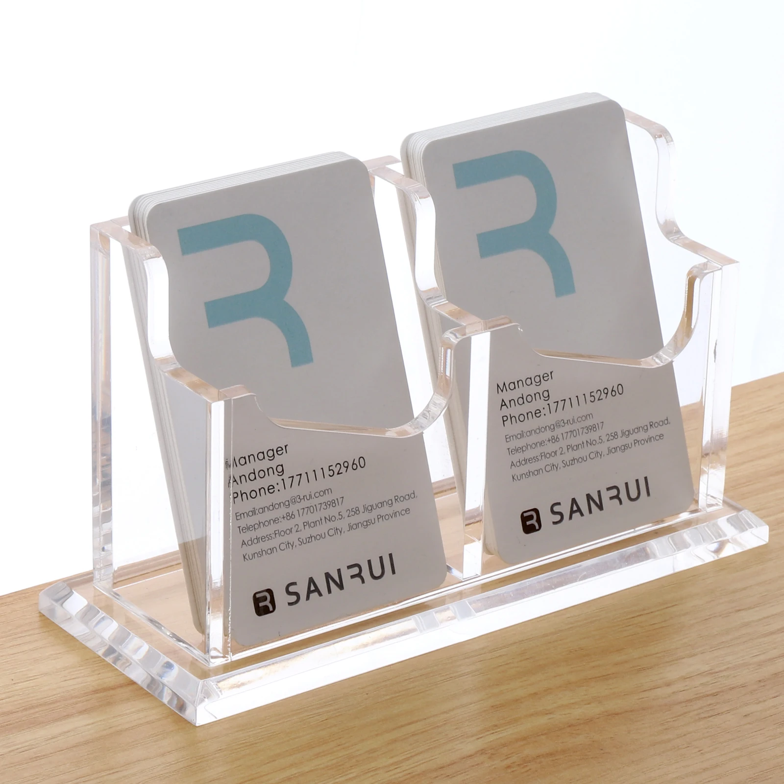 SANRUI Business Card Holder for Desk Vertical Card Display Stand Clear Acrylic 1 Tier 2 Pocket