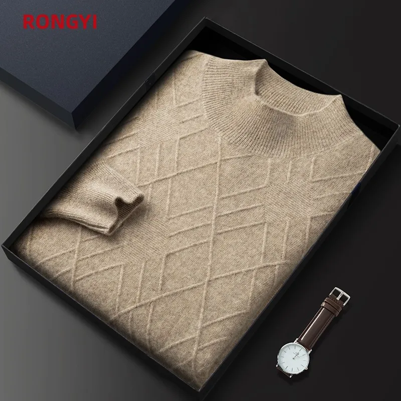 RONGYI 100%Pure Goat Cashmere Sweater Men's Loose Half Turtleneck Jacquard Pullovers Autumn Winter Youth High-End Knit Shirt Top