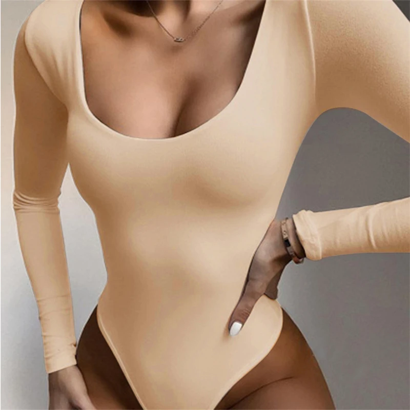 

Women Bodysuit Long Sleeve Body Streetwear Sexy Bodycon Square Neck Sheath Crotch Basic Black Overalls Top Casual Suits Rompers
