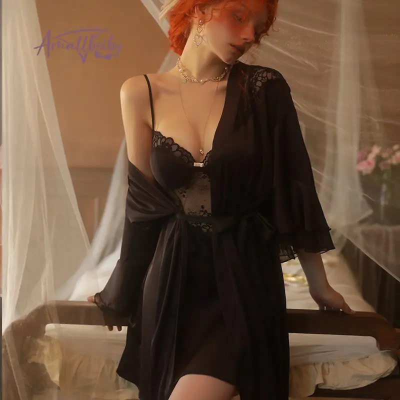 Элегантная женская ночная рубашка халат кружевная Домашняя одежда на бретельках