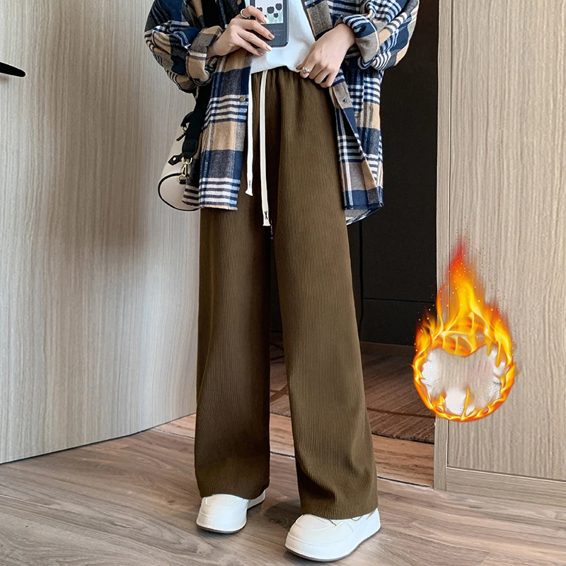 

Брюки женские вельветовые с широкими штанинами, теплые свободные прямые подвесные штаны с высокой талией, утепленные бархатные, Осень-зима