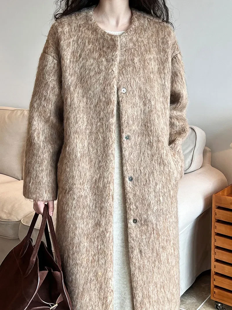 

Женское длинное кашемировое пальто, винтажное шерстяное пальто с круглым вырезом, верхняя одежда для осени и зимы