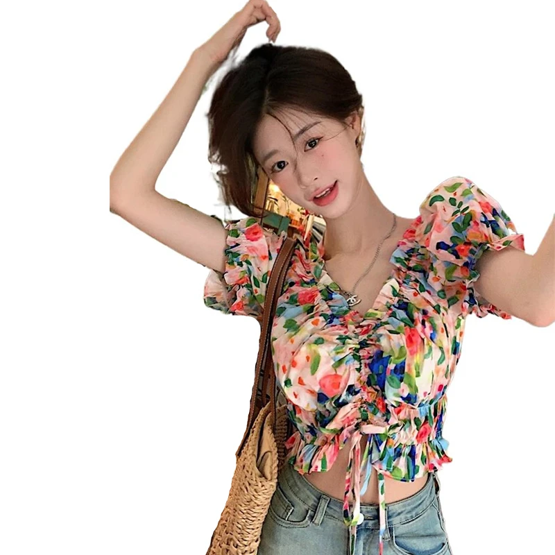 

Summer New Feminine Cotton Lotus Collar Tops Hotsweet Off Shoulder Korean Style Vintage Printed Chic High Street Seaside Blouses