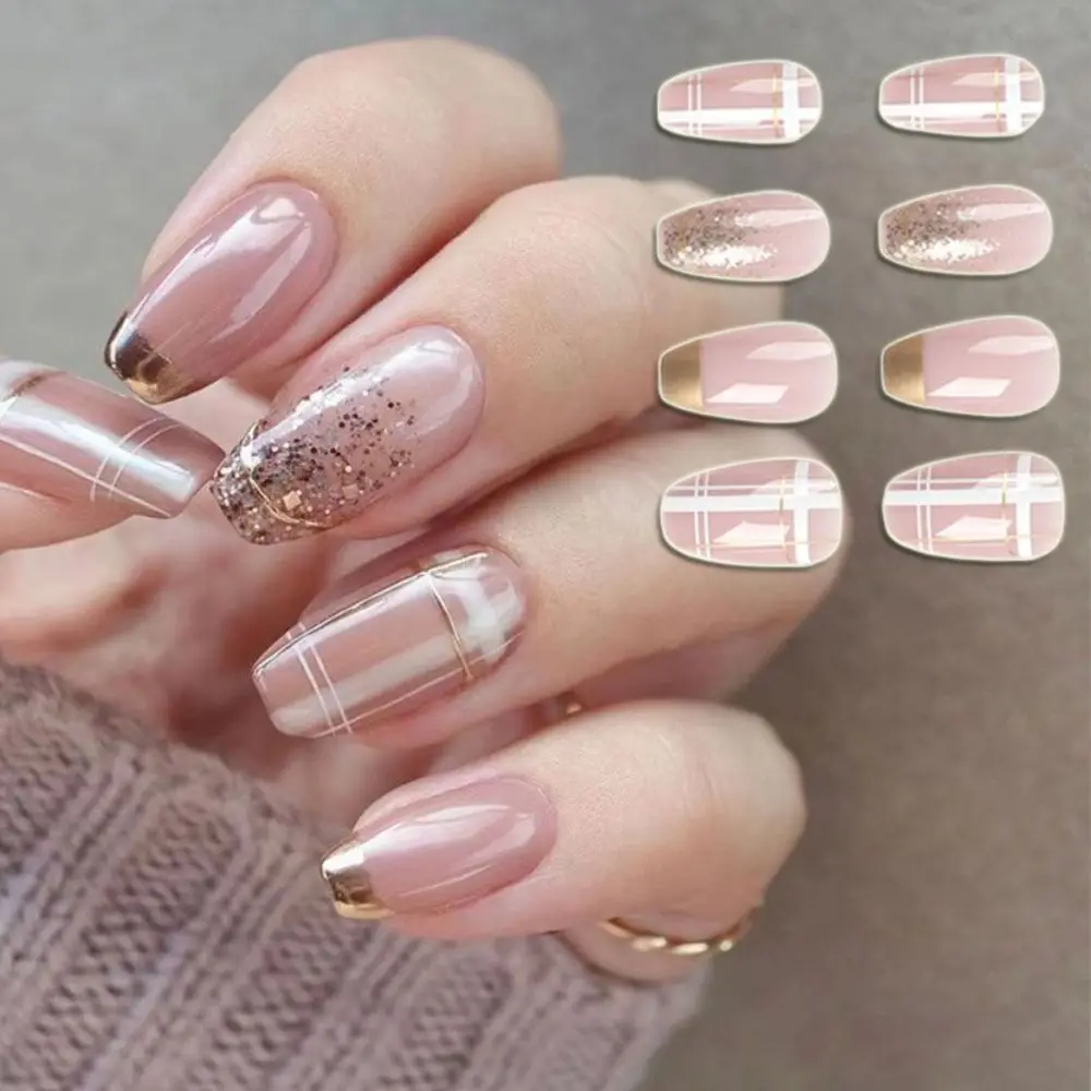

24pcs Detachable Gold Trim with gold Foil DIY Full Cover Press on Nails Fake Nails French Ballerina Short