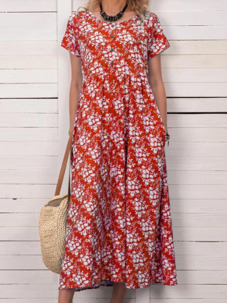 

Elegant O Neck Short Sleeve High Waist Long Dress Floral Print Pocket Loose Party Dress Street Lady Summer Boho Beach Chic Dress