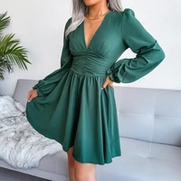 sexy v neck spring chiffon dress women solid color ruched mini summer party dress casual puff long sleeve dresses for women 2022