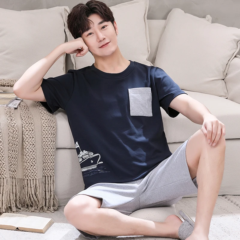 Mens Pajamas Summer New Knitted Cotton Pjs Leisure Sleepwear for Men O-neck Short Sleeved Short Pants Pijamas Set for Gentleman