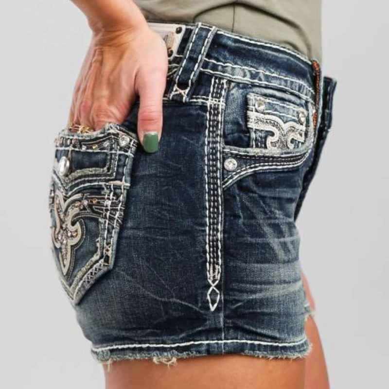 HOUZHOU Jorts Shorts Y2k Women Summer Vintage 90s Diamond Studded Low Waist Tights Fashion Casual Sexy Denim Shorts Streetwear