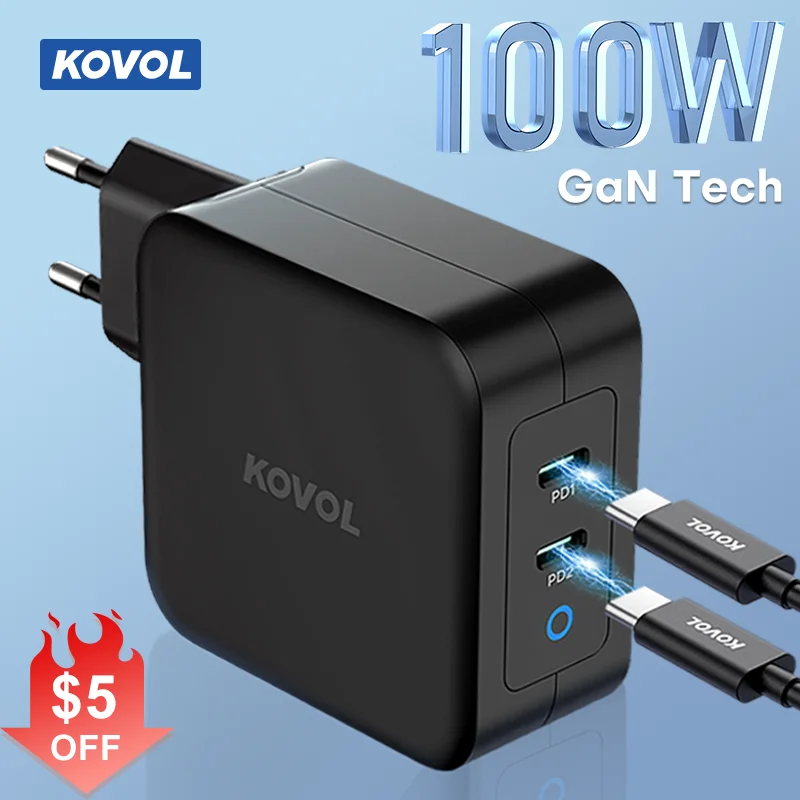 Зарядные устройства KOVOL USB 100W 65W GaN Fast Charger для ноутбука Macbook iPhone 14 13 12 Type C PD Зарядное
