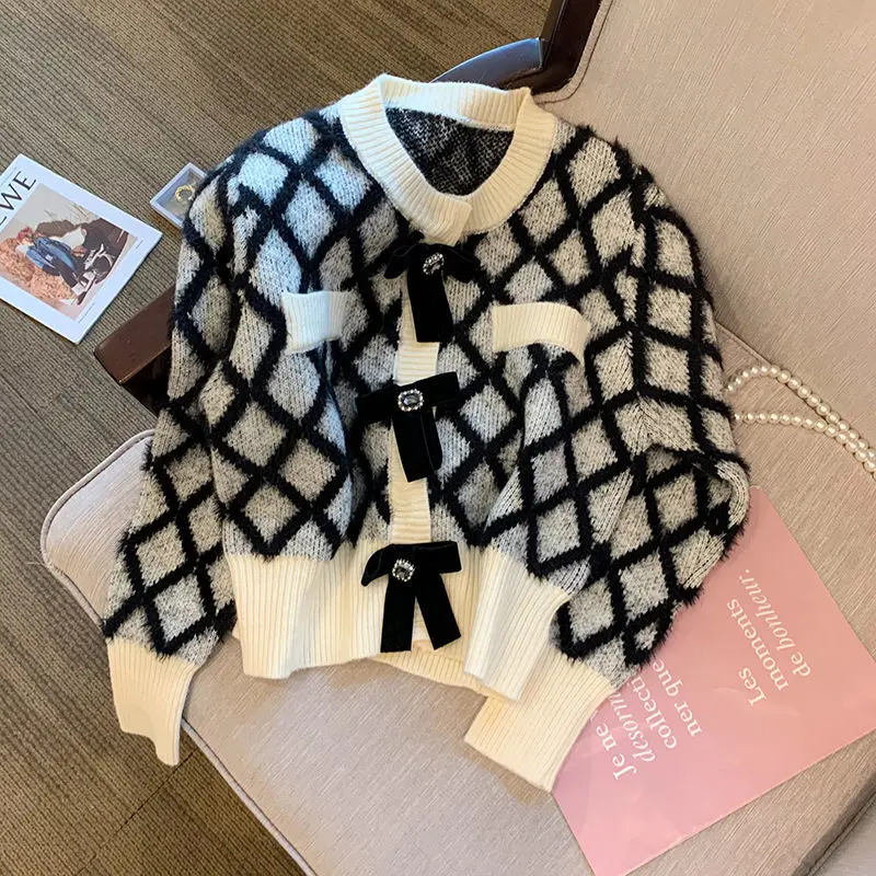 

Клетчатый свитер с круглым вырезом, пушистый свитер, вязаный кардиган, свитер, Женская куртка на осень и зиму, короткий топ, свободный зимний...