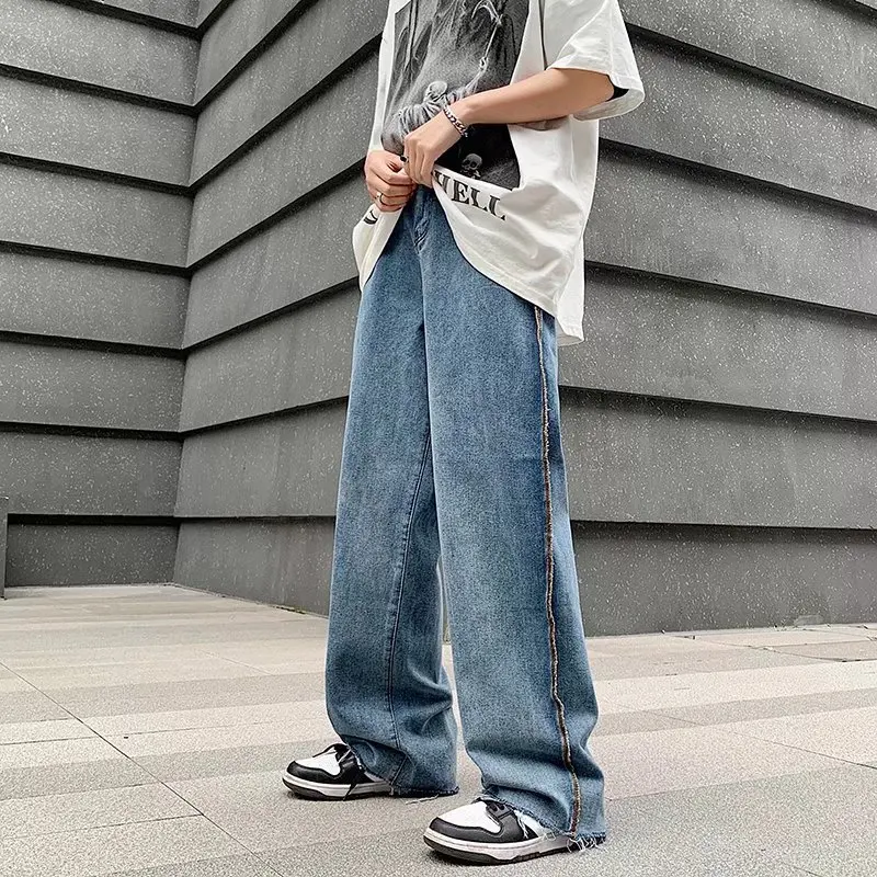 

2022 High Street Side Raw Edge Stitching Straight Jeans Loose Wide Leg Pants Trousers Tide Y2k Summer Streetwear