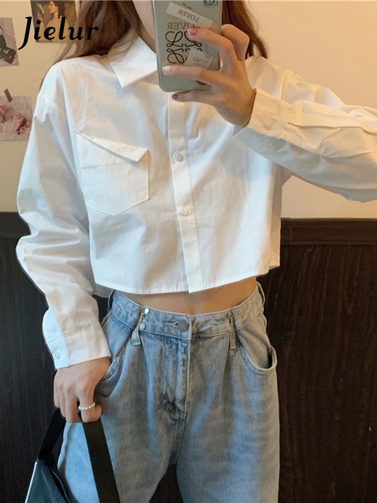 

Jielur Shirts Women White Crop Top Fashion Long Sleeve Spring All-Match Vintage Simple Korean Leisure Pocket Students Cloth