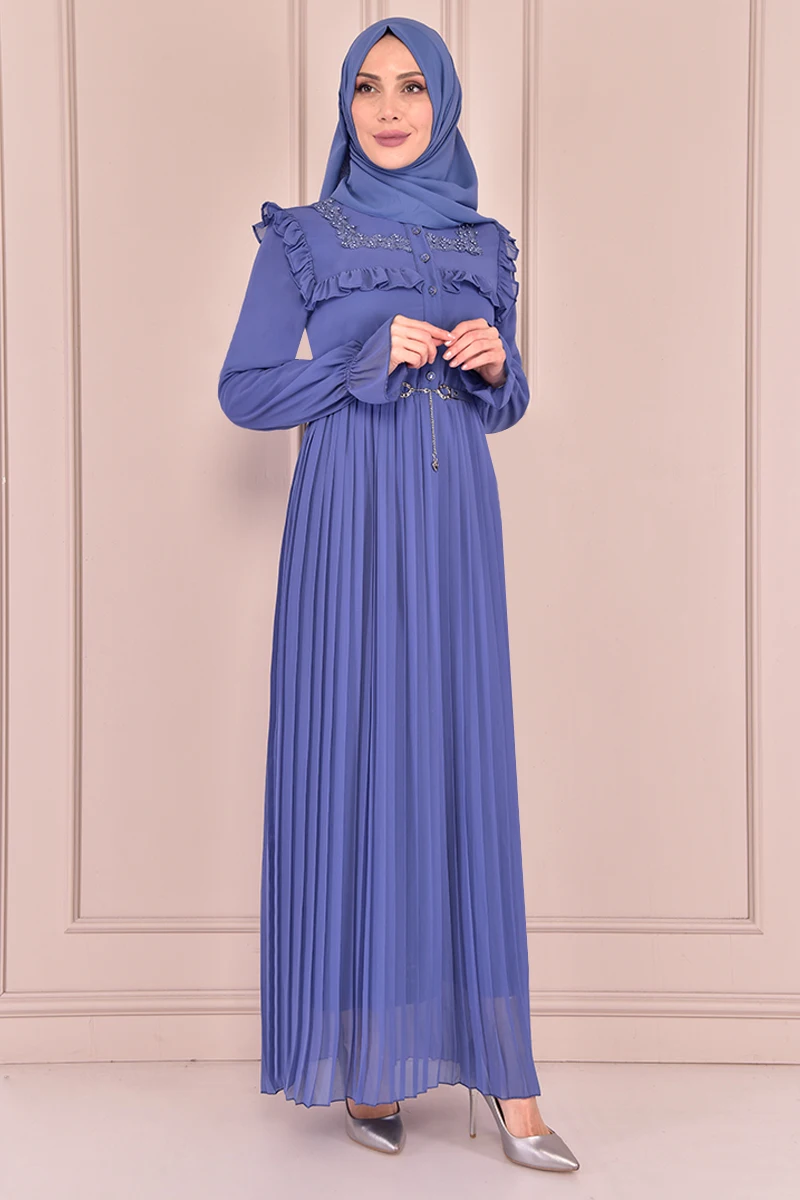 

Pleated Chiffon Dress Blue TKN3501