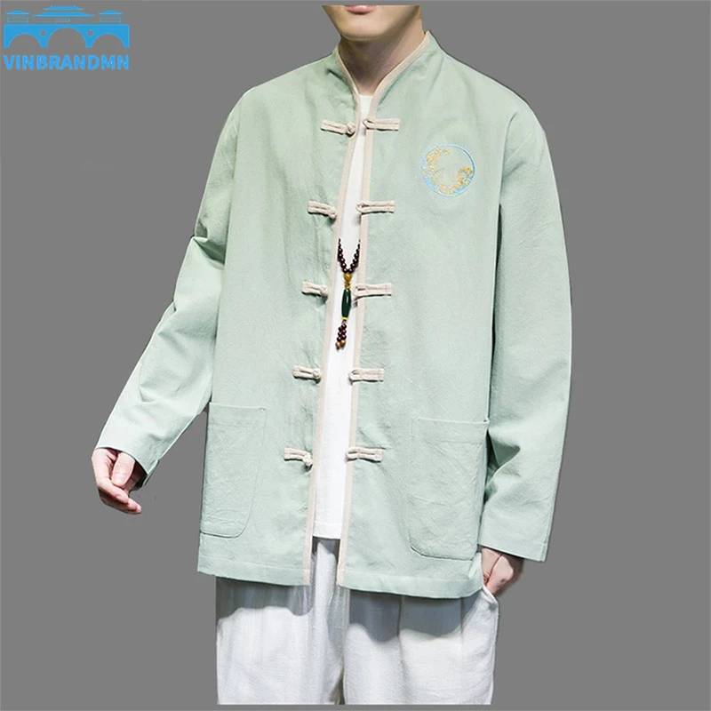 

Мужская куртка в китайском стиле Vinbrandmn 2022 Sping, пальто из пеньки с длинным рукавом и воротником-стойкой, костюм Тан, улучшенное пальто ханьфу, одежда