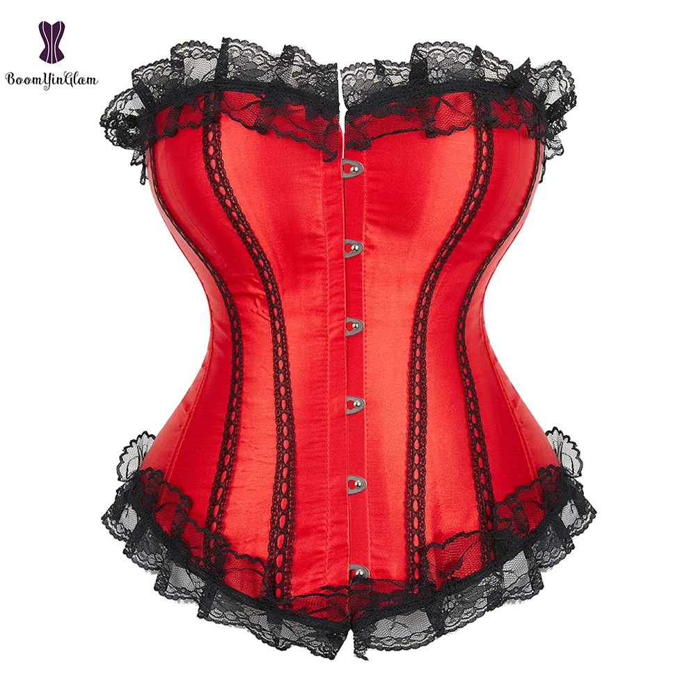 

Overbust Corset Red Lace Up Boned Waist Bustier Top Satin Basques Corselet