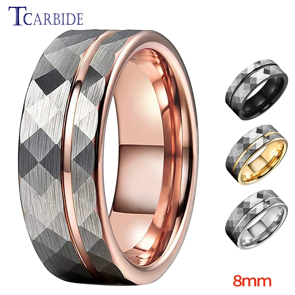 

8MM Hammer Wedding Band For Men Women Multi-Faceted Brushed Offset Grooved Finish Nice Gift Jewelry Comfort Fit